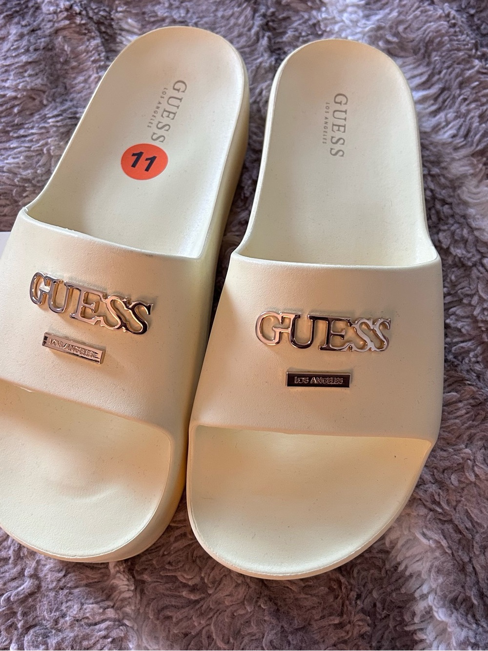 GUESS Cream Slide Sandals with Gold Logo Accents